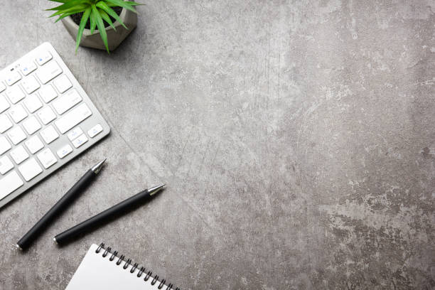 istock Office desk table with supplies. Flat lay Business workplace and objects. Top view. Copy space for text 1277145142