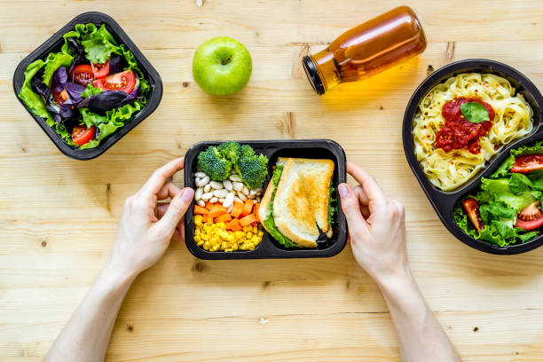 istock Lunch boxes with meal. Food delivery concept. Overhead view 1277147070