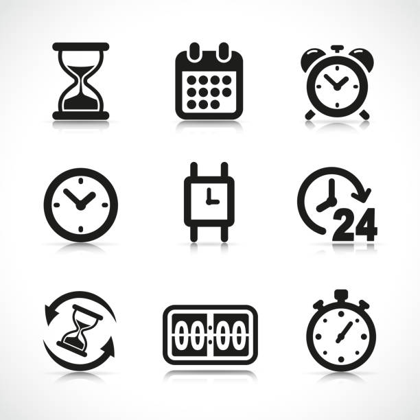 ilustraciones, imágenes clip art, dibujos animados e iconos de stock de conjunto de diseño de iconos de tiempo vectorial - calendar