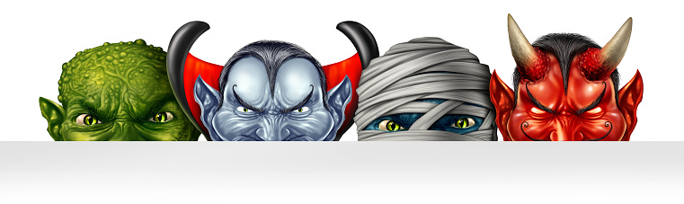 Monsters banner with Mummy and vampire monster peeking behind a blank white sign with an angry creepy zombie mutant hiding behind a billboard as a halloween concept in a 3D illustration style.