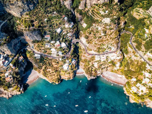 Coastline road near Positano, Italy - Aerial point of view. The winding road is just above the sea and the beaches.