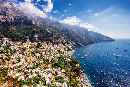 Positano on a sunny day, Amalfi Coast, Italy. Elevated point of view.