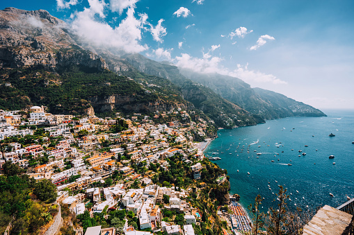 Positano on a sunny day, Amalfi Coast, Italy. Elevated point of view.