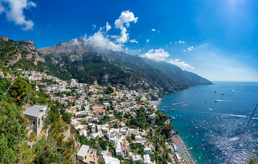 Positano on a sunny day, Amalfi Coast, Italy. Elevated point of view.