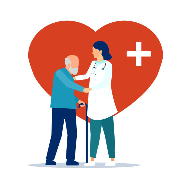 Vector of a female doctor taking care of a senior patient Vector of a female doctor taking care of a senior patient, elderly man medicare icons stock illustrations