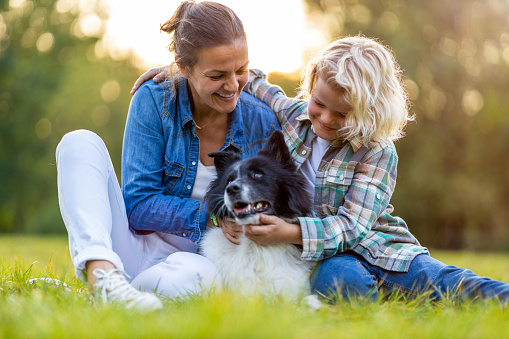 Happy mother and son outdoors petting their dog