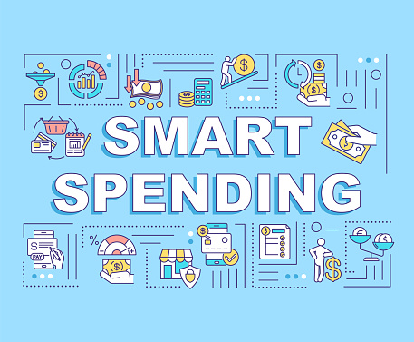 Smart spending word concepts banner. Savings own money. Infographics with linear icons on blue background. Isolated typography. Vector outline RGB color illustration