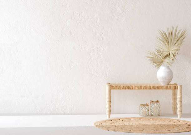 istock Nomadic home interior background with bench, candles and plant in vase 1277156725