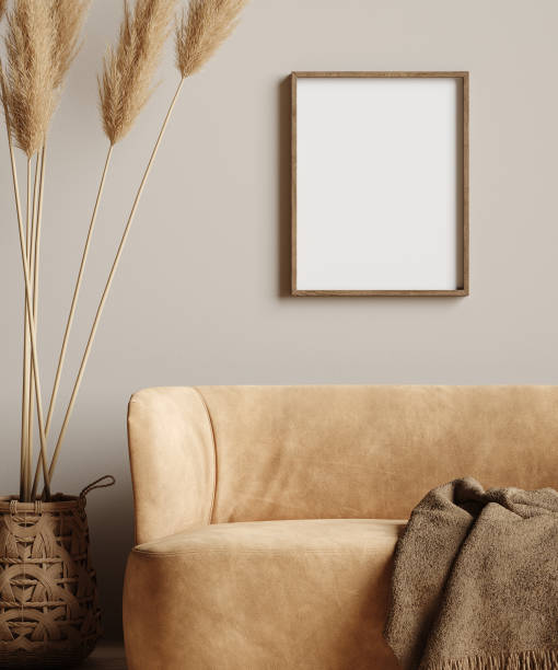 Mock up frame in home interior background, beige room with minimal decor