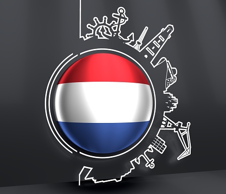 Circle with sea shipping and travel relative silhouettes. Objects located around the circle. Industrial design background. Flag of Netherlands. 3D rendering