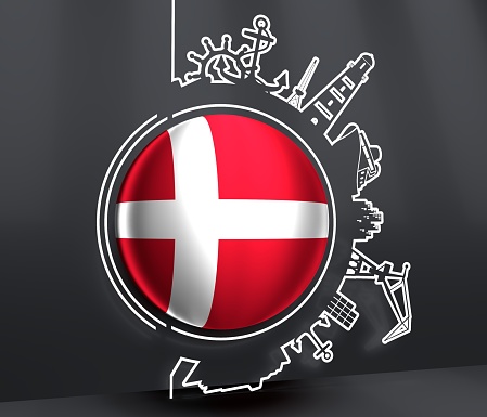 Circle with sea shipping and travel relative silhouettes. Objects located around the circle. Industrial design background. Flag of Denmark. 3D rendering