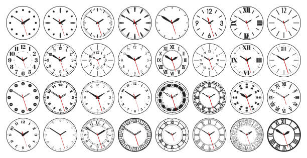 круглые часы лица с часами руки - римская цифра stock illustrations