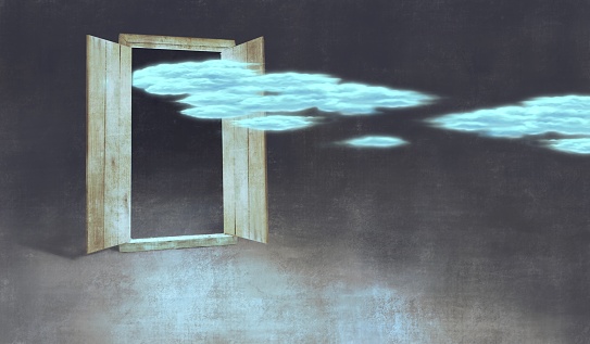 Concept art of freedom dream and hope concept , ambition idea artwork, surreal painting of mystery door with cloud, conceptual illustration