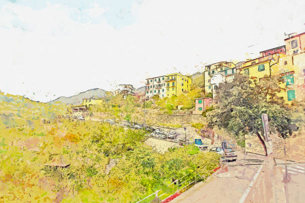 Watercolor drawing picture of Cinqure Terre famous landmark of Italy. Watercolor drawing picture of Cinqure Terre famous landmark of Italy. spezia stock illustrations