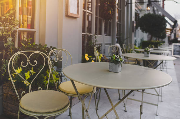 istock Empty coffee and restaurant terrace with tables and chairs in london 1277162294