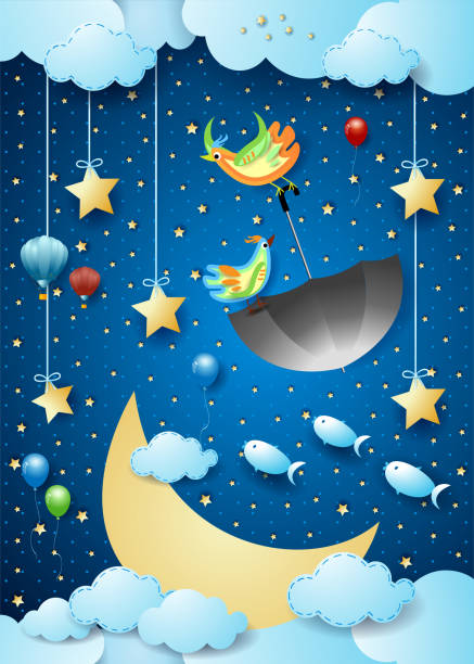 istock Surreal night with big luna, flying umbrella and fishes 1277162843
