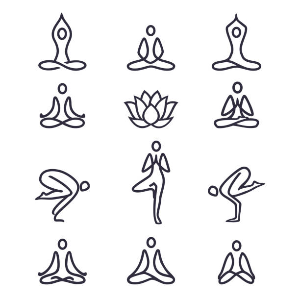 요가 라인 아이콘 세트 - meditating practicing yoga body stock illustrations