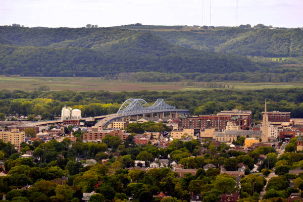 Downtown La Crosse from Above View of downtown La Crosse, Wisconsin and the Mississippi River from above wisconsin stock pictures, royalty-free photos & images