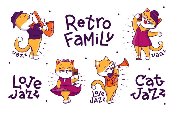 sammlung von bunten jazz-katzen. skurrile charaktere mit strahlen spielen jazz - dixieland stock-grafiken, -clipart, -cartoons und -symbole