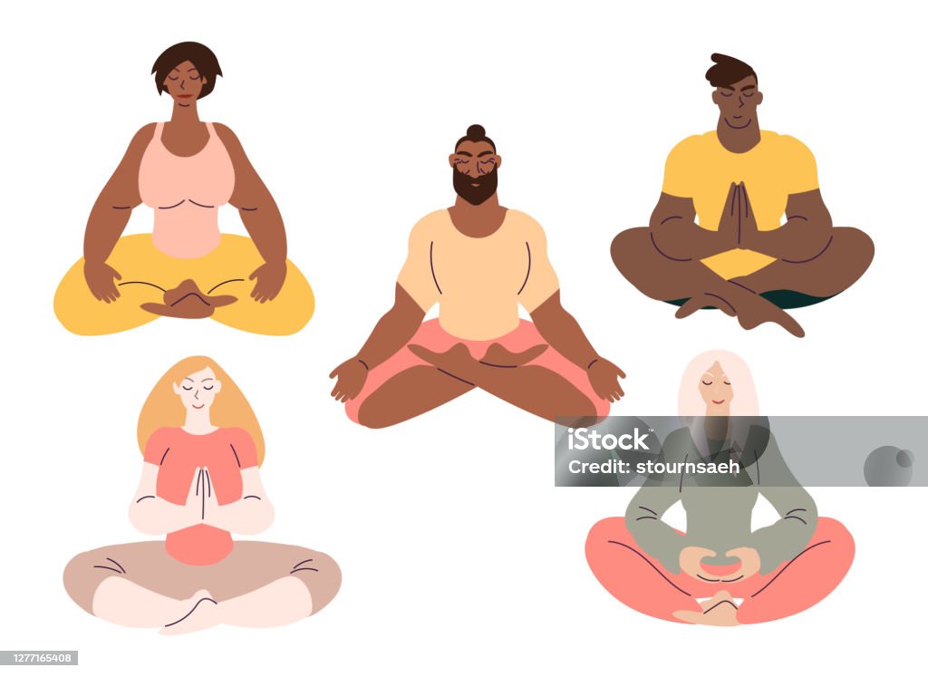 Flat Style Cartoon Cute Character Diverse Group Of People Doing Meditation  In Yoga Pose Set Healthcare Wellbeing Exercise Stress Relief Concept  Minimal Vector Illustration Stock Illustration - Download Image Now - iStock
