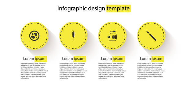 illustrazioni stock, clip art, cartoni animati e icone di tendenza di impostare la piastra di petri con batteri, siringa, pressione sanguigna e bisturi della chirurgia medica. modello infografico aziendale. vettore - petri dish medical equipment syringe vaccination