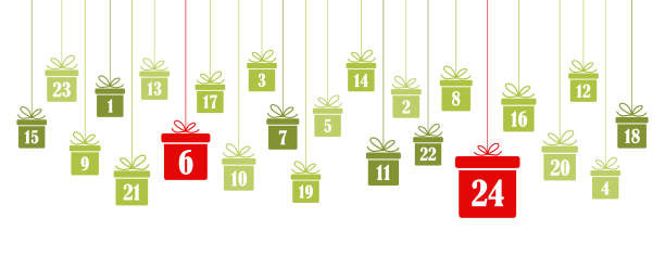 advent calendar 1 to 24 on christmas presents hanging christmas presents colored green with numbers 1 to 24 showing advent calendar for xmas and winter time concepts panorama style advent calendar stock illustrations