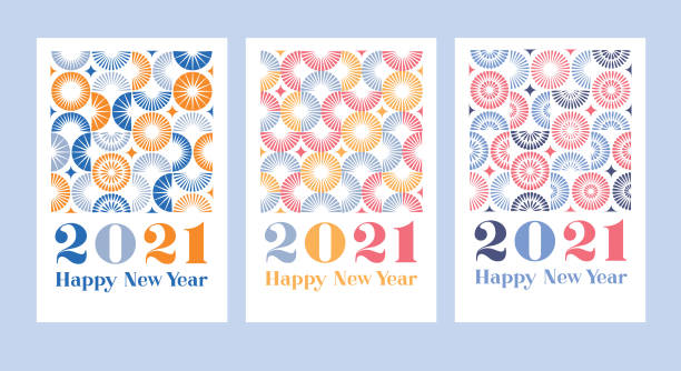 2021 Happy new year fireworks set New Year greeting cards with modern geometric semi circle pattern. 
Editable vectors on layers. 2021 illustrations stock illustrations