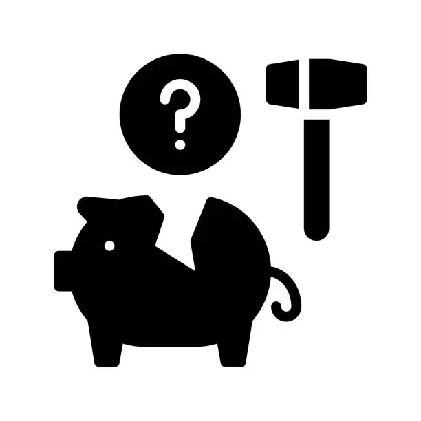 Vector illustration of economic recession related crack pig with question mark and hummer vectors in solid design,