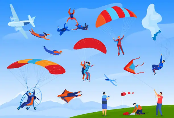 Vector illustration of Skydiving extreme sport vector illustration set, cartoon flat parachute skydiver sportsman characters jumping with parachutes