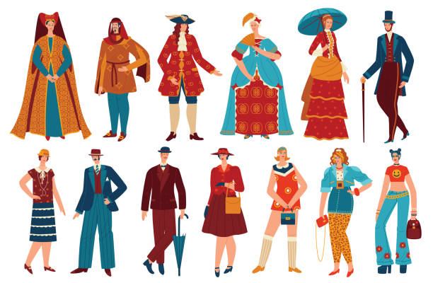Fashion people in history vintage costume vector illustration set, cartoon flat fashionable clothing style evolution collection Fashion people in history vintage costume vector illustration set. Cartoon flat fashionable style evolution for man woman characters collection with historical clothing design isolated on white renaissance dress stock illustrations