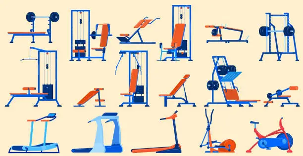 Vector illustration of Fitness sport gym equipment vector illustration set, cartoon flat exercise machine and workout devices collection for exercising