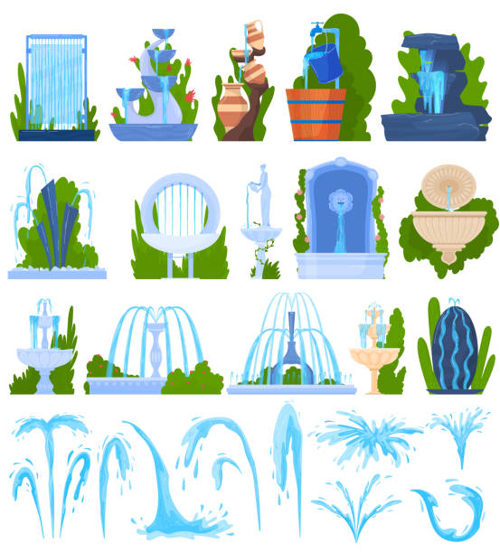 ilustrações de stock, clip art, desenhos animados e ícones de water fountain architecture decor vector illustration set, cartoon flat architectural element, exterior park decoration collection - fountain