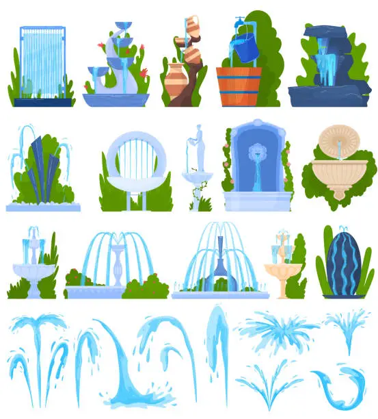 Vector illustration of Water fountain architecture decor vector illustration set, cartoon flat architectural element, exterior park decoration collection