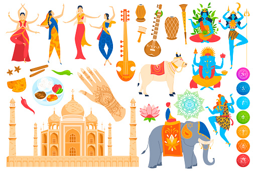 Traditions, culture landmark of India vector illustration set, cartoon flat hinduism Indian god or goddess, dancing woman, food