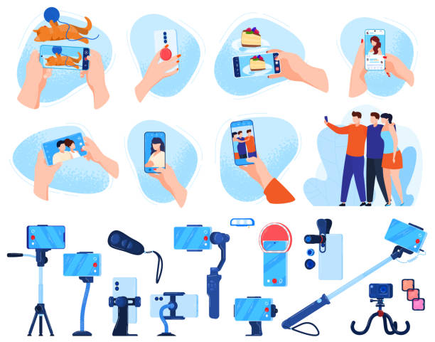 zdjęcie fotografowania zestaw ilustracji wektorowych, kreskówka płaskie mobilne smartphone fotografii i aparatu cyfrowego kolekcji sprzętu - filmować obrazy stock illustrations