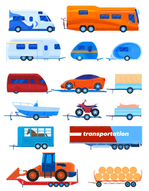 캠퍼 트레일러 수송 벡터 일러스트 세트, 교통만화 플랫 카버스 캐러밴 트럭 캠퍼밴 컬렉션 - vehicle trailer stock illustrations