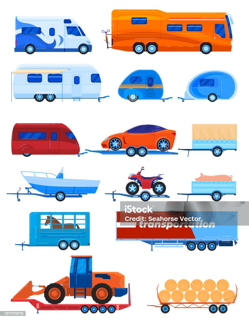 Camper Trailer Transport Vector Illustration Set Cartoon Flat Car Bus  Caravan Truck Campervan Collection For Transportation Stock Illustration -  Download Image Now - iStock
