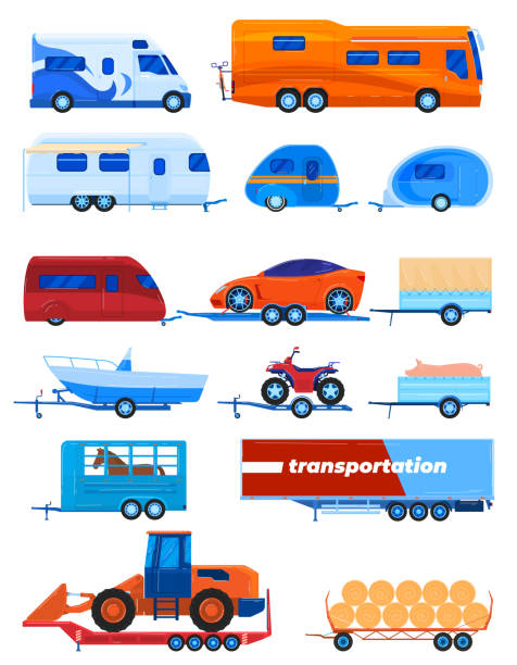 Camper trailer transport vector illustration set, cartoon flat car bus caravan truck campervan collection for transportation Camper trailer transport vector illustration set. Cartoon flat car bus caravan campervan collection for people tourist passengers transportation, truck vehicle for cargo transporting isolated on white boat trailer stock illustrations