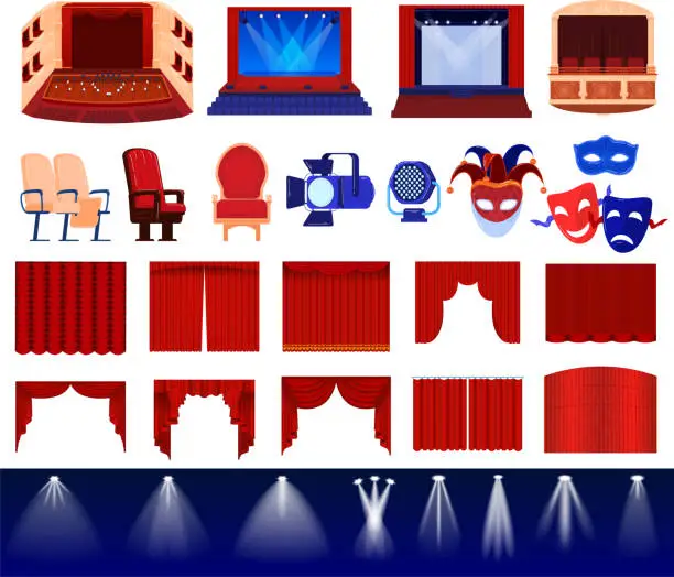Vector illustration of Theater stage decoration vector illustration set, cartoon flat theatre decorative items collection with red curtains, masks, chair