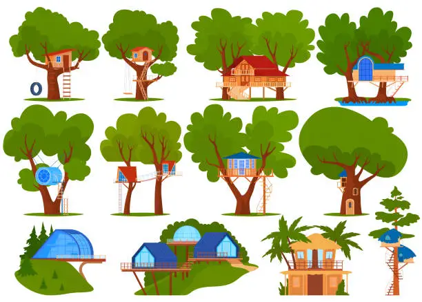 Vector illustration of Kids green tree houses vector illustration set, cartoon flat ecological treehouse for child playing and eco party collection