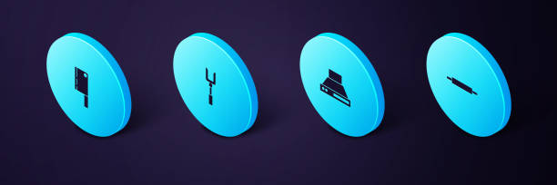 isometric 롤링 핀, 주방 추출기 팬, 바베큐 포크 및 고기 헬기 아이콘을 설정합니다. 벡터 - rolling fork stock illustrations