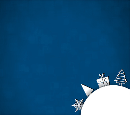 A navy blue coloured vector illustration of a christmas background with a circular arc shaped patch at the bottom right corner. Objects like gift box or present, snowflakes, and Xmas tree made of geometrical shapes arranged beautifully all around the curve. Apt for Christmas, New Year, celebrations themed backgrounds, greeting card cards, poster and backdrops and gift wrapping sheets.