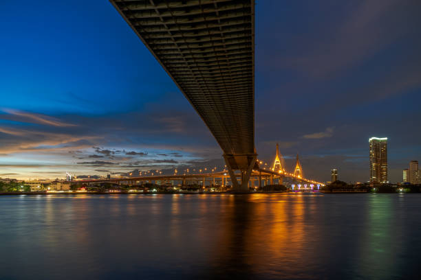 istock Large suspension bridge over Chao Phraya river at twilight 1277172610