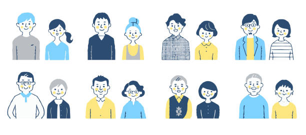 A set of 8 couples of various types men, women, Japanese, couple,  family age diversity stock illustrations