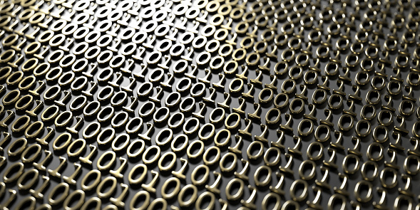 Binary code abstract technology background. Digital data matrix pattern, gold numbers 0 and 1 embossed on black. 3d illustration