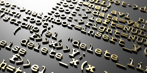 Software develop programming code. Abstract computer technology background. Digital data matrix pattern, gold algorithms embossed on black. 3d illustration