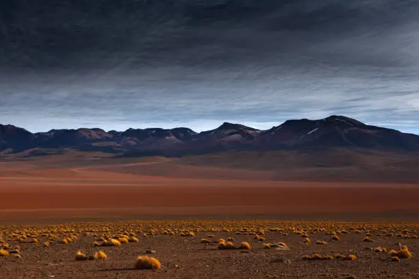 A plain in the Altiplano with red ground surrounded by a range of high moutains
