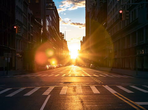 Sunsets on the empty streets and sidewalks of New York City during the coronavirus lockdown in Manhattan, NYC 2020