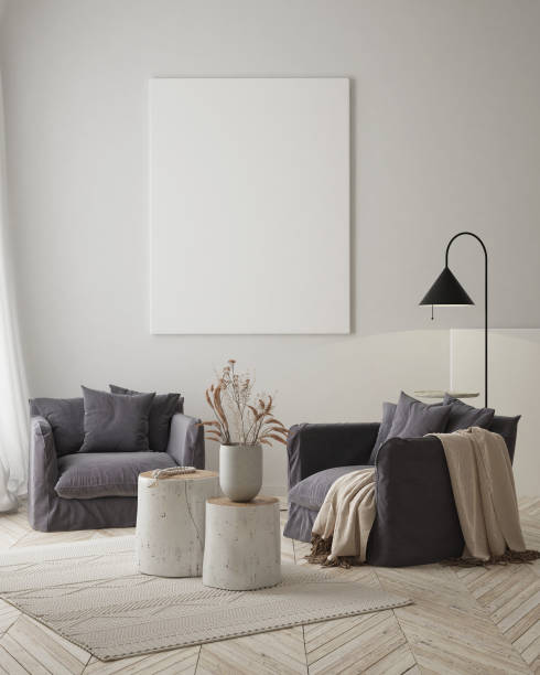 istock mock up poster frame in modern interior background, scandinavian style, 3D render 1277177617