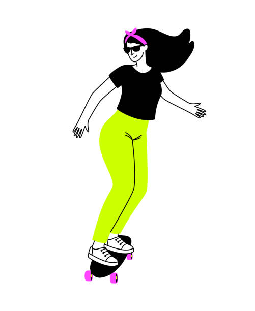 Sport on longboard. Cartoon young happy female on cool skateboard, concept of urban active outdoor Sport on longboard. Cartoon young happy female on cool skateboard, concept of urban active outdoor, vector illustration of training tricks isolated on white background skater girl stock illustrations